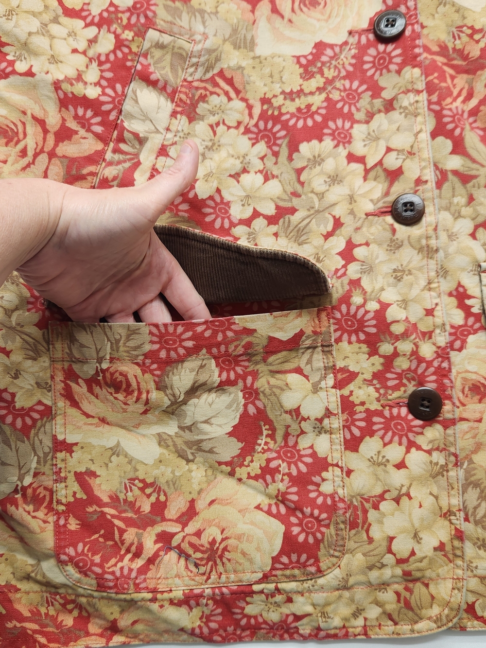 ⭐️Vintage 90s LL Bean Floral Canvas Barn Coat Lined Corduroy Large Rare Find - Picture 5 of 16